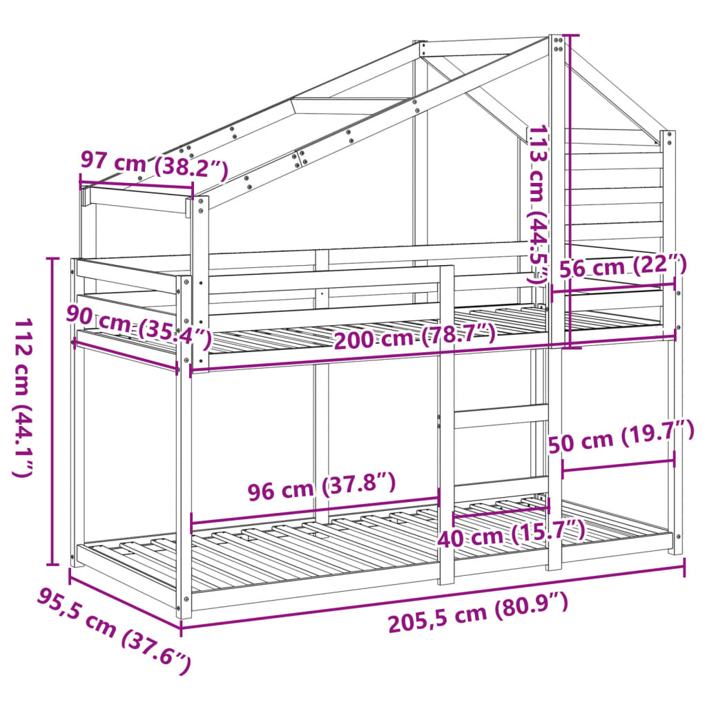 Letto A Castello Senza Materasso 90X200Cm Massello Pino