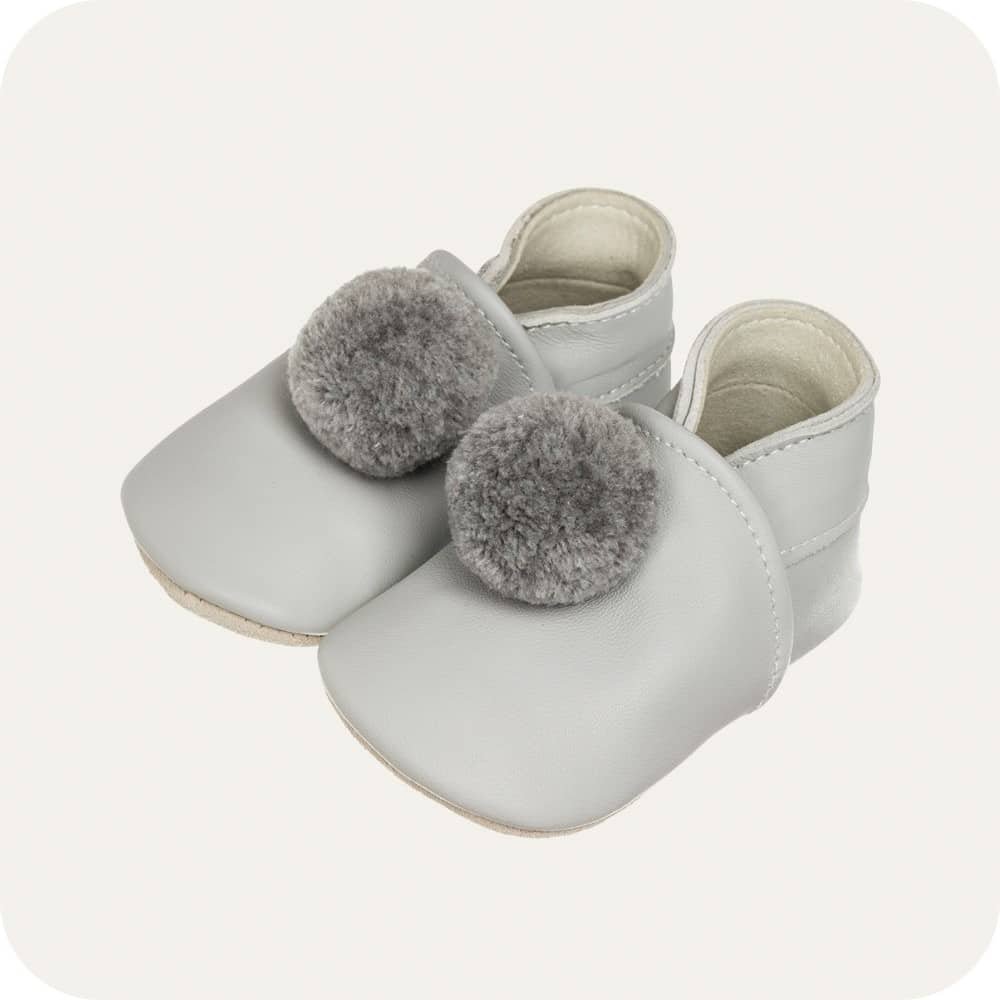 Pantofole in pelle con pompon "Grigio"