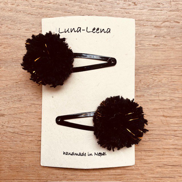 Fermagli per capelli Luna-Leena pom pom 2x nero e oro fatti a mano in Nepal