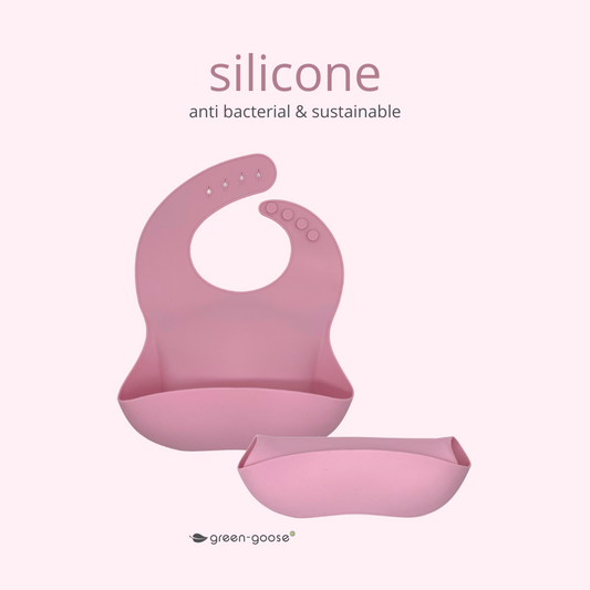 Bavaglino in silicone e posate in bambù Green-Goose - Rosa