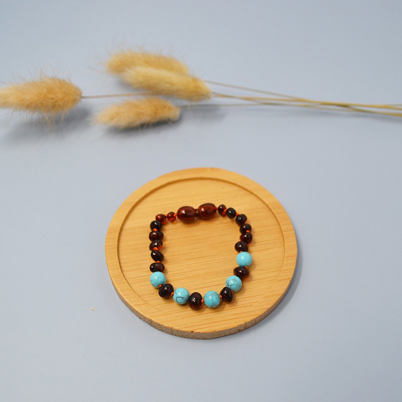 Bracciale baby in ambra e pietra naturale - Cognac e blu turchese