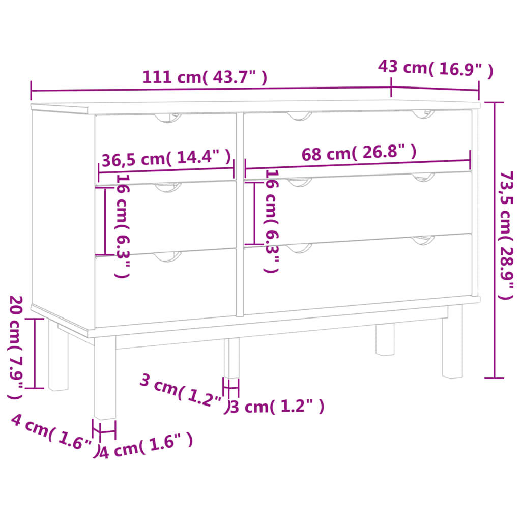 Cassettiera OTTA Marrone e Grigio 111x43x73,5 cm Legno di Pino