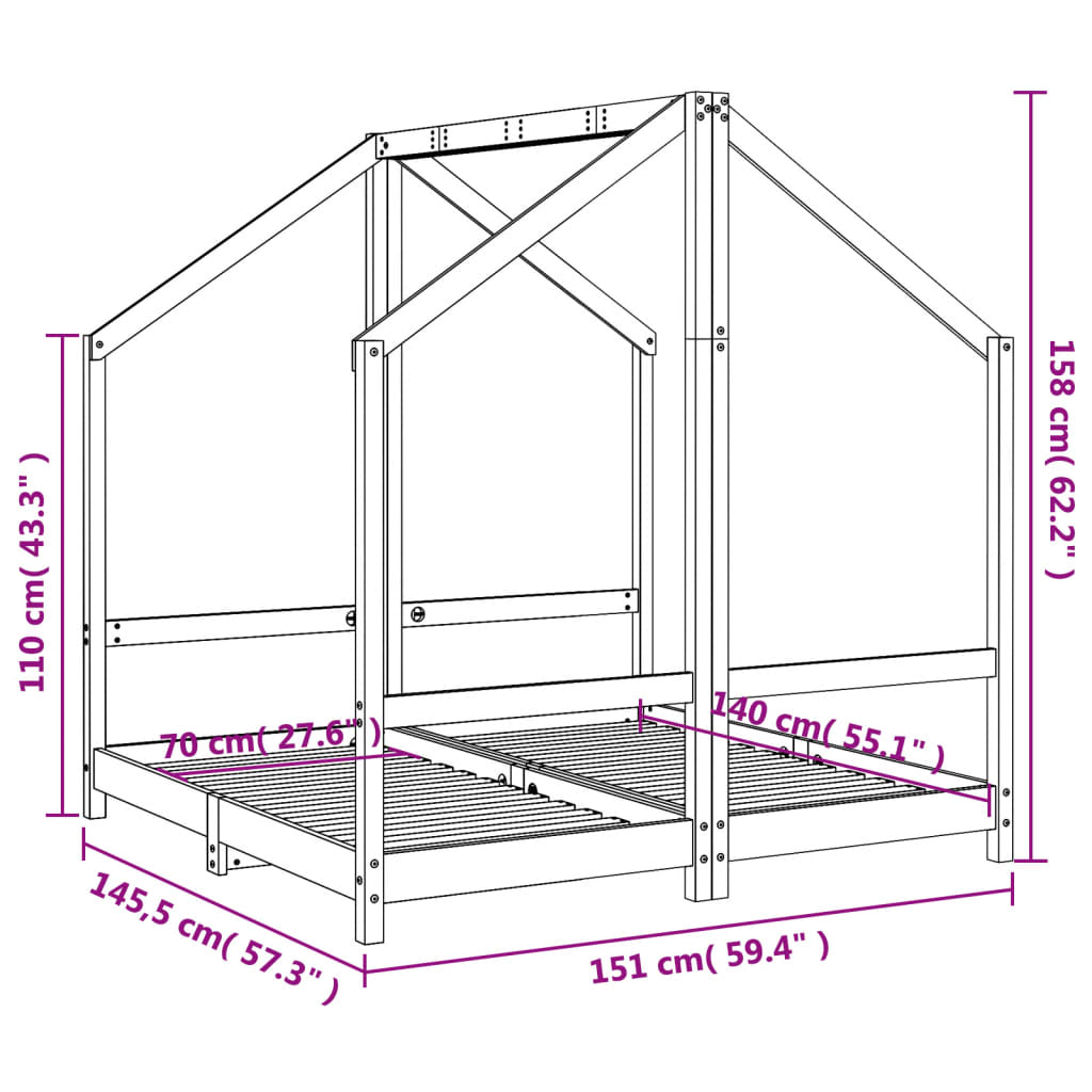 Giroletto per Bambini Bianco 2x(70x140)cm Legno Massello Pino