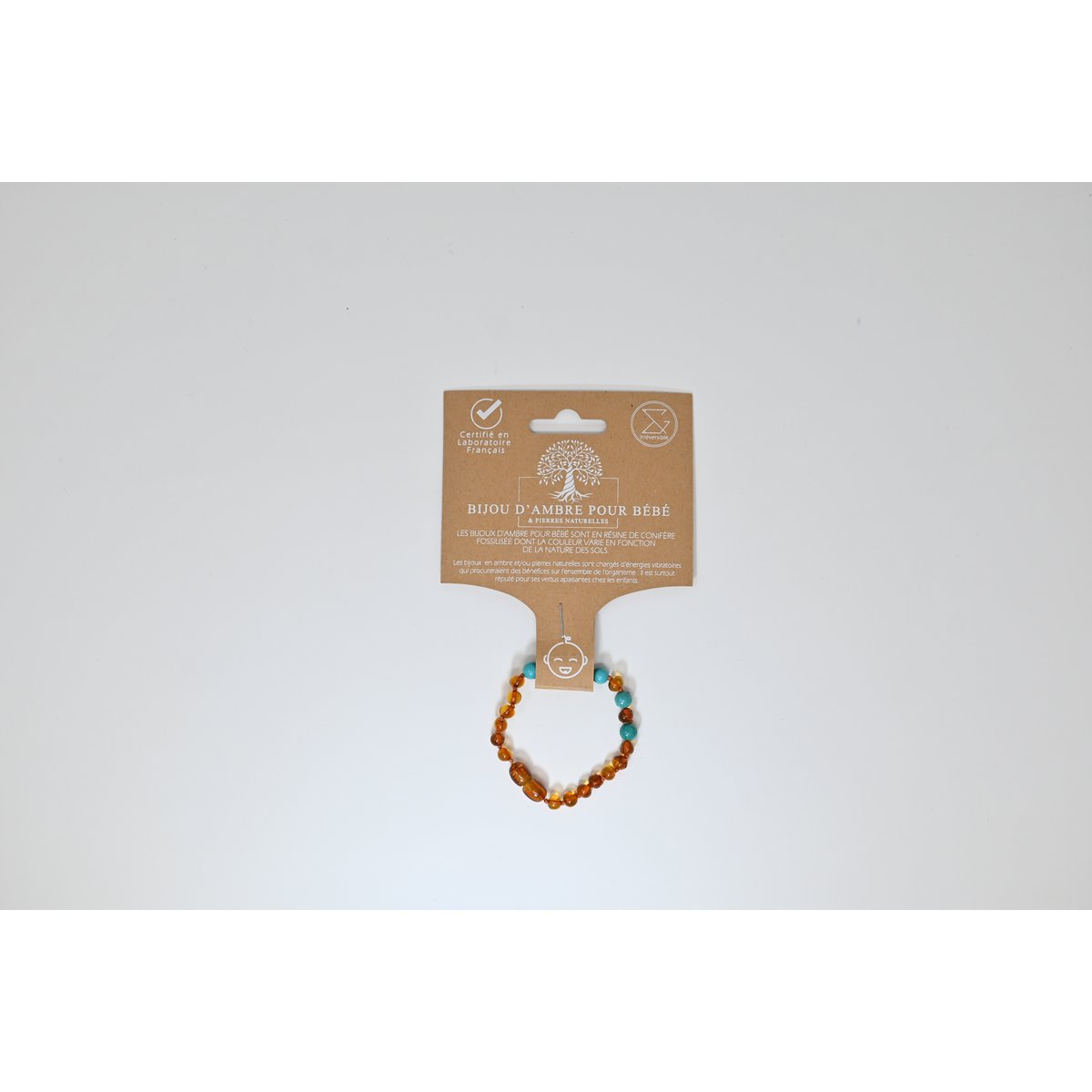 Bracciale baby in ambra e pietra naturale - Cognac e blu turchese