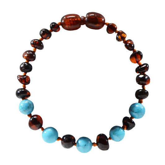 Bracciale baby in ambra e pietra naturale - Cognac e blu turchese